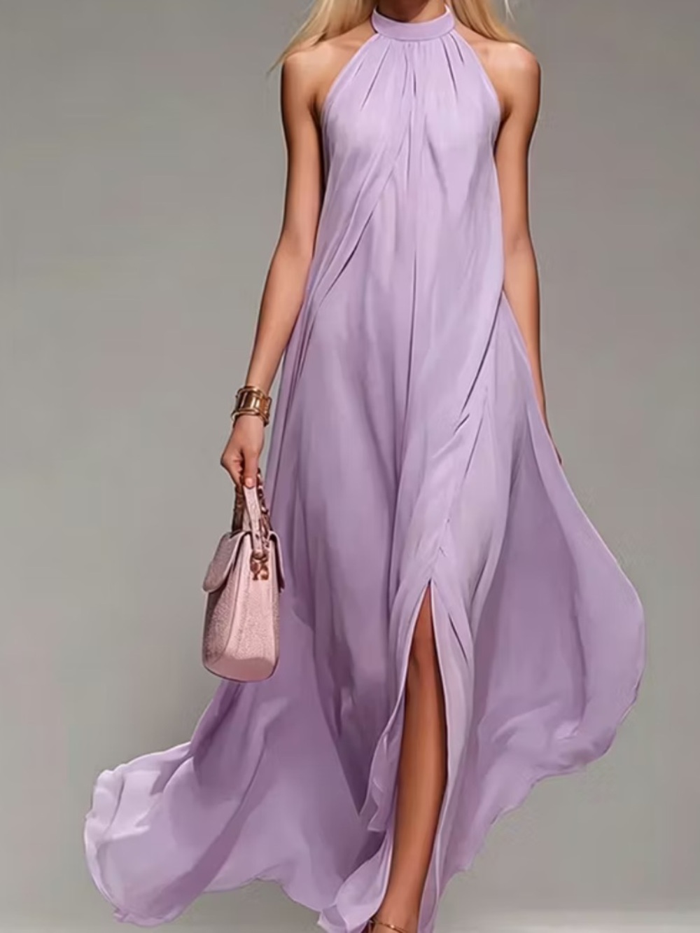 Elegant Lavender Halter Maxi Dress - Sleeveless Flowing Evening Gown